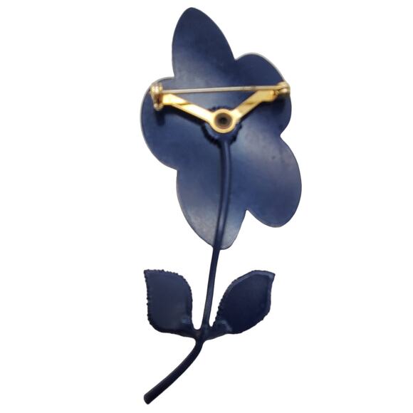 Navy Blue Flower Power Brooch Metal Enameled Stem Pin 3D Vintage 1960s - Picture 8 of 10